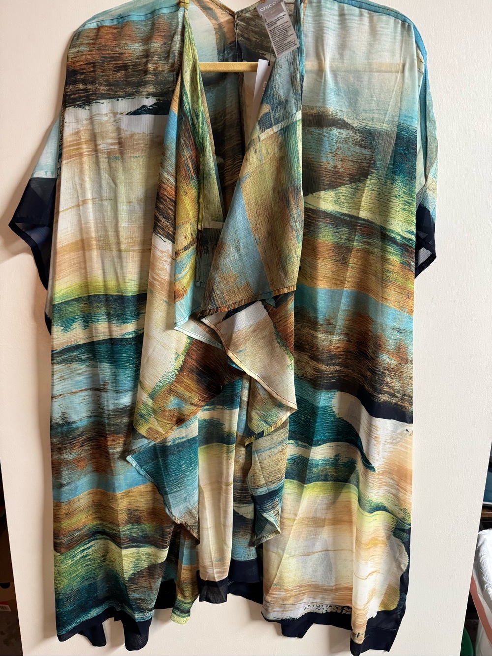 Chico's Painterly Open-Front Tunic in Teal, Brown & Cream